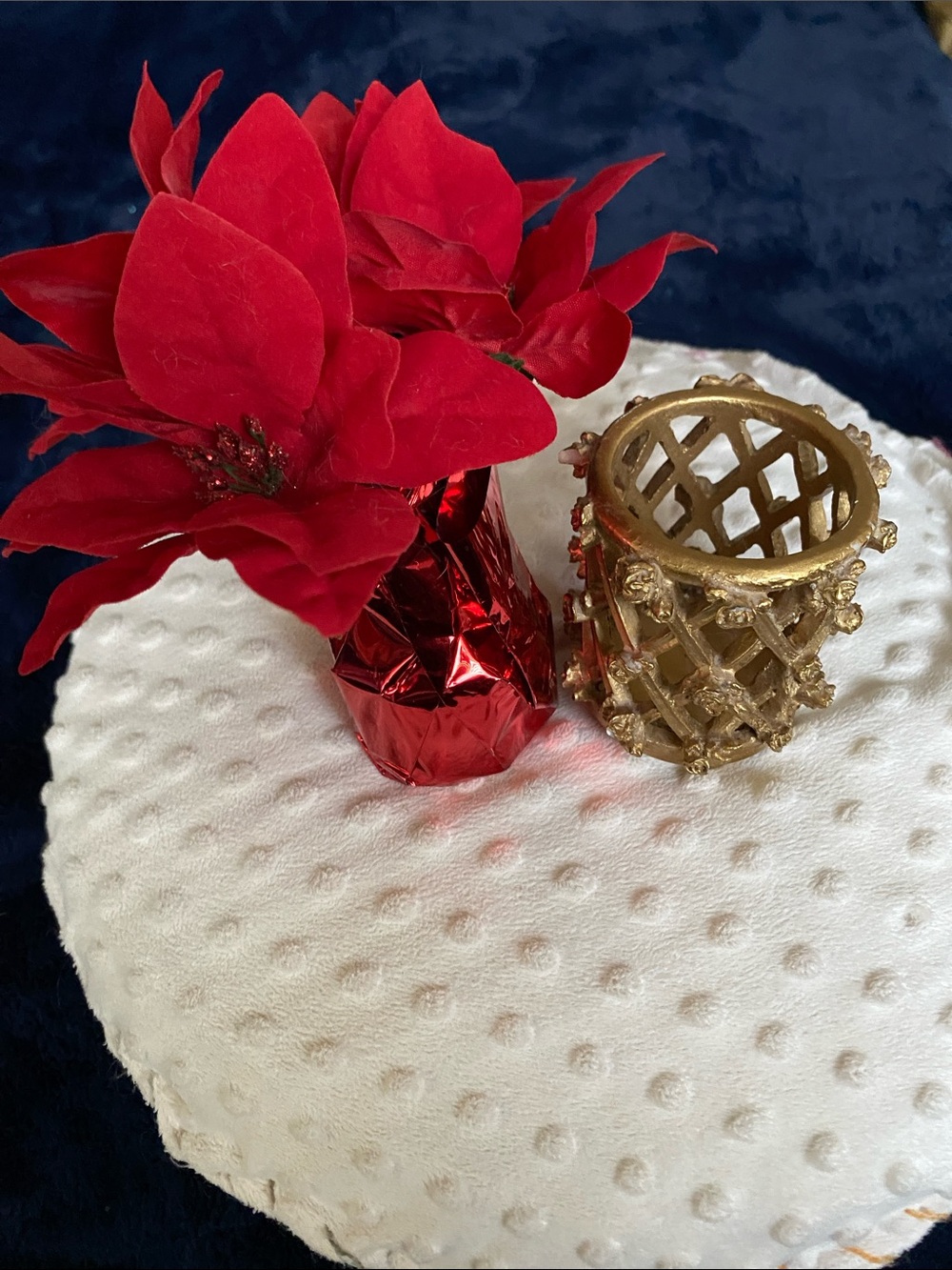 Holiday Red Poinsettia Table Accent - Gold Lattice Candle Holder